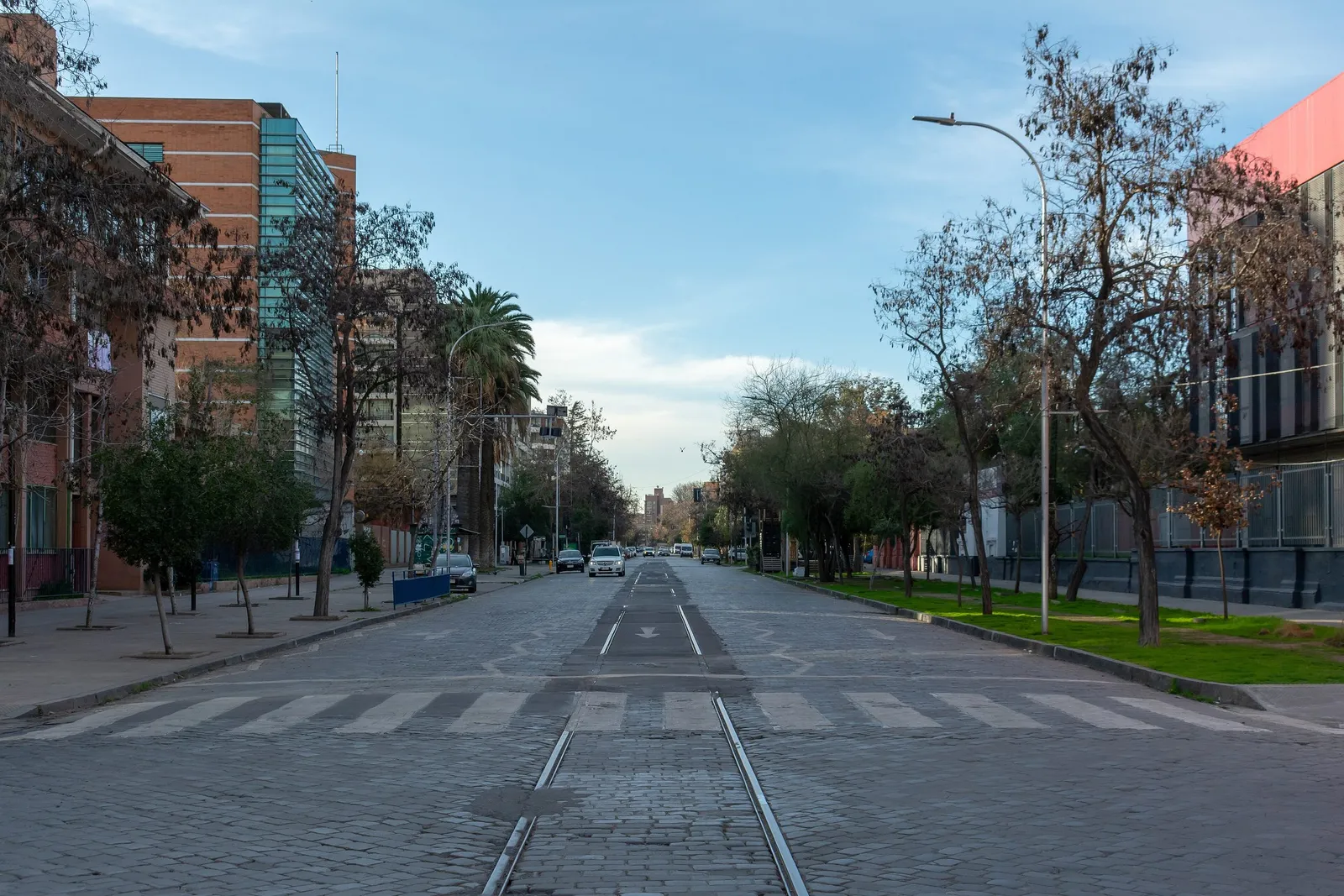 Avenida España vista a lo largo de su calzada, con árboles a ambos lados y edificios universitarios al costado.